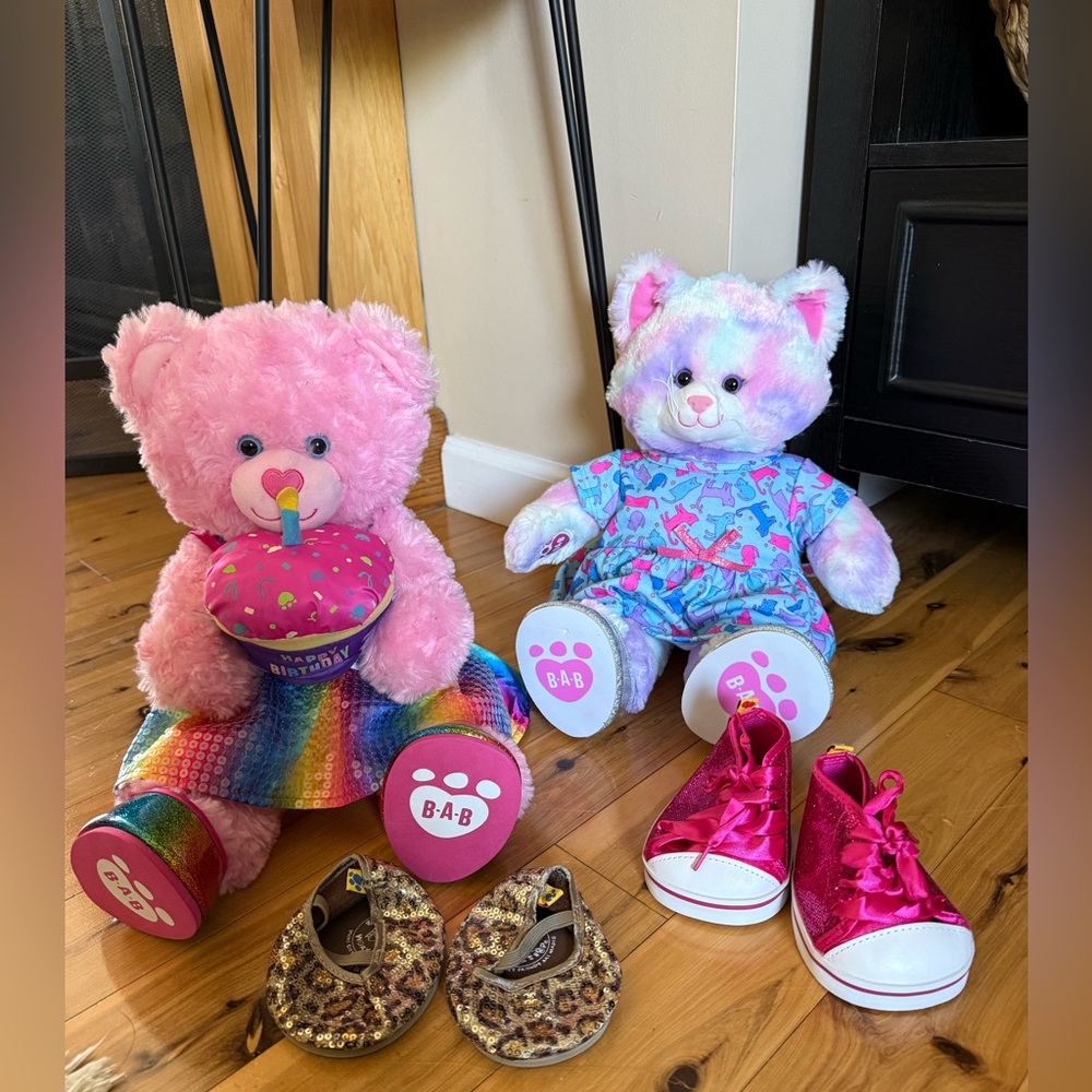 Build-A-Bear Pink Birthday Bear & Pastel Tie-Dye Cat Plush Duo